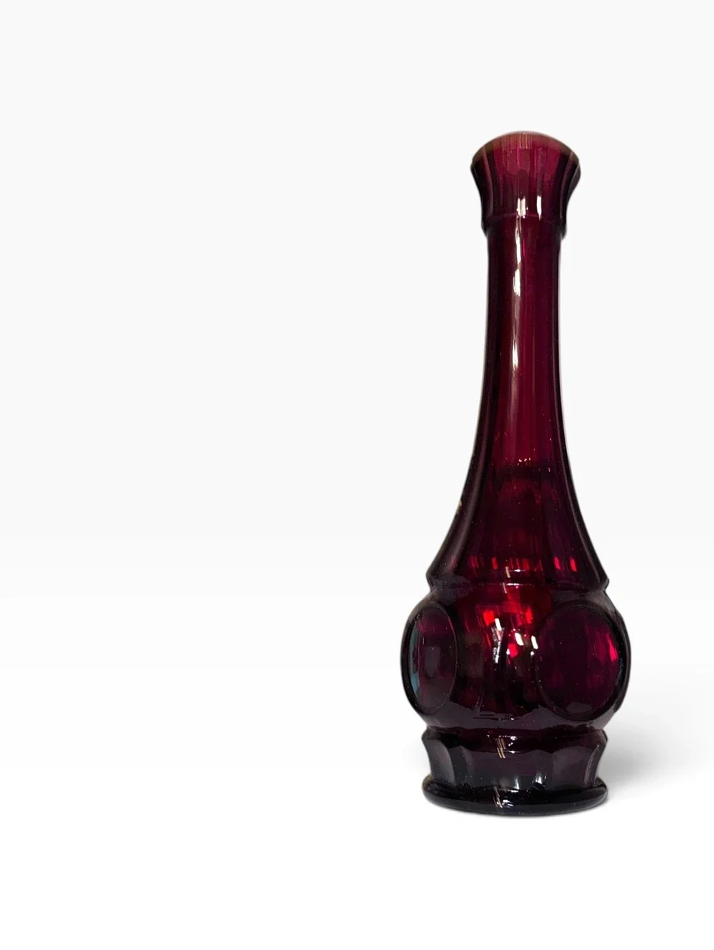 Vintage Ruby Red Glass Bud Vase with Raised Circular Motif, Mid-Century Modern